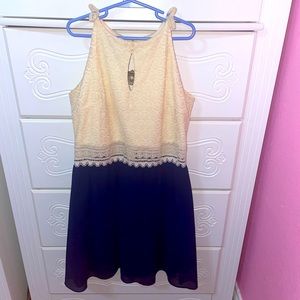 Champagne with navy blue dress